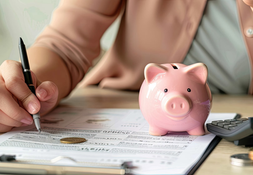 hand writing next to small piggy bank